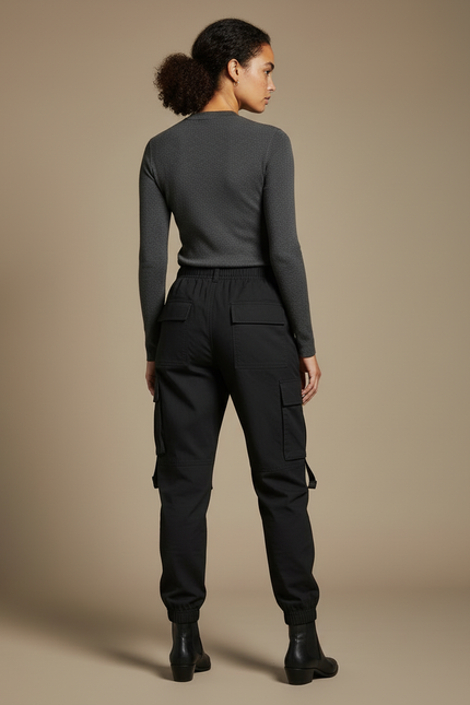 Pantalon Cargo Noir Décontracté Bandes Jaunes Femme - Toile - vue 2