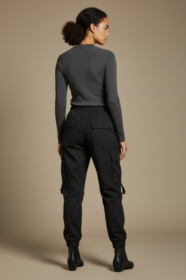 Pantalon Cargo Noir Décontracté Bandes Jaunes Femme - Toile - vue 2