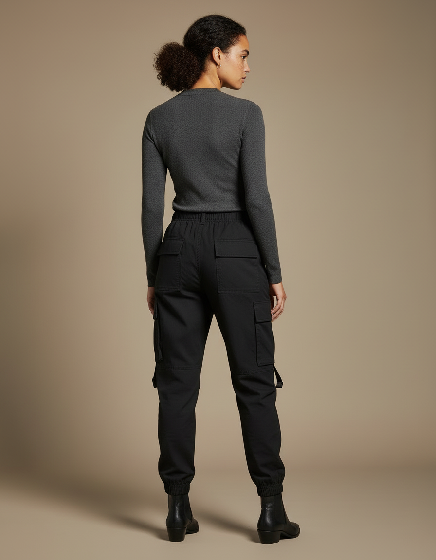 Pantalon Cargo Noir Décontracté Bandes Jaunes Femme - Toile - vue 2