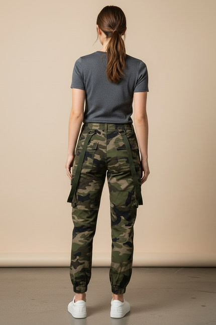 Pantalon Cargo Camouflage Militaire Ceinture Sangles Femme - Kaki Toile - vue 2
