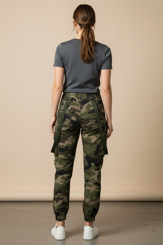 Pantalon Cargo Camouflage Militaire Ceinture Sangles Femme - Kaki Toile - vue 2