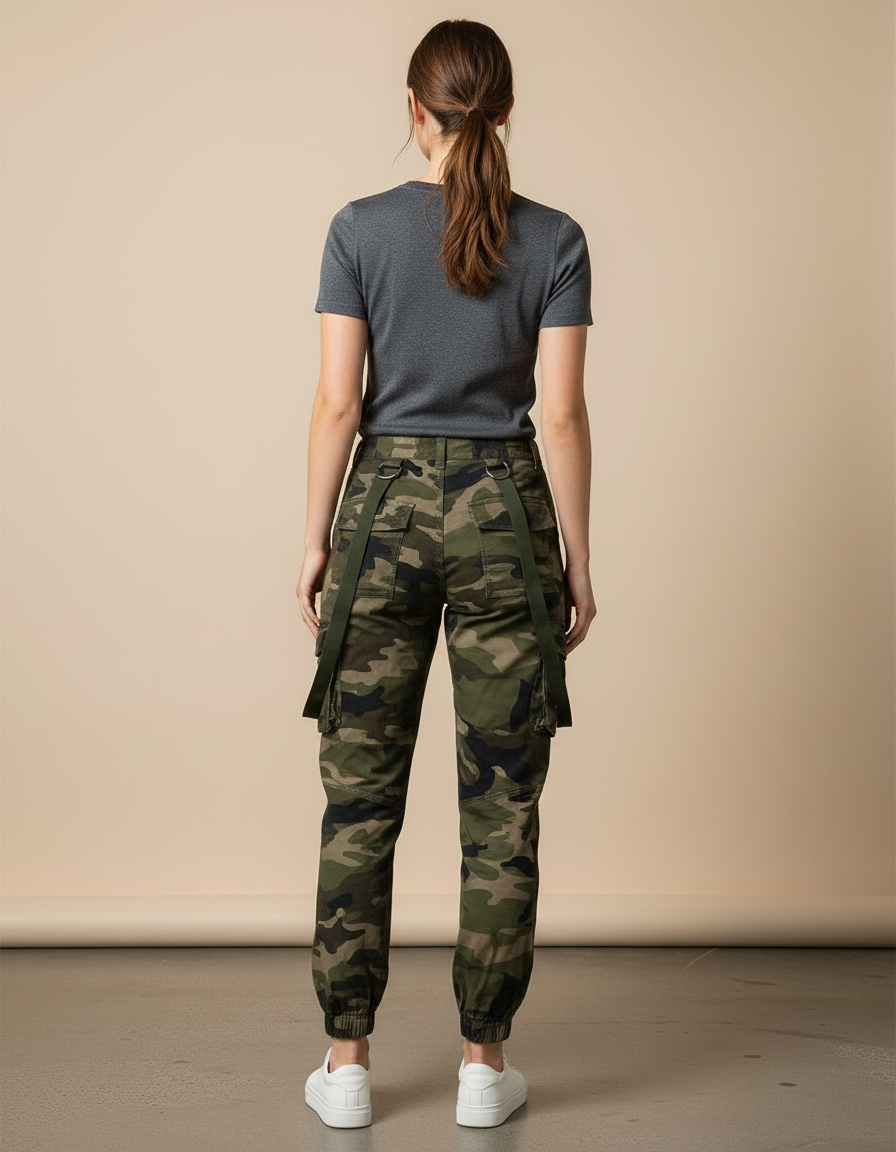 Pantalon Cargo Camouflage Militaire Ceinture Sangles Femme - Kaki Toile - vue 2