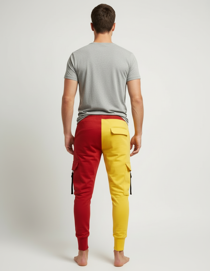 Pantalon Cargo Bicolore Rouge Jaune Multi-Poches Jogger - Multicolore Molleton - vue 2