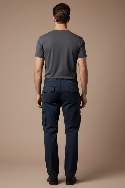 Pantalon Cargo Bleu Marine Multipoches Droit Coton Homme - Toile - vue 2