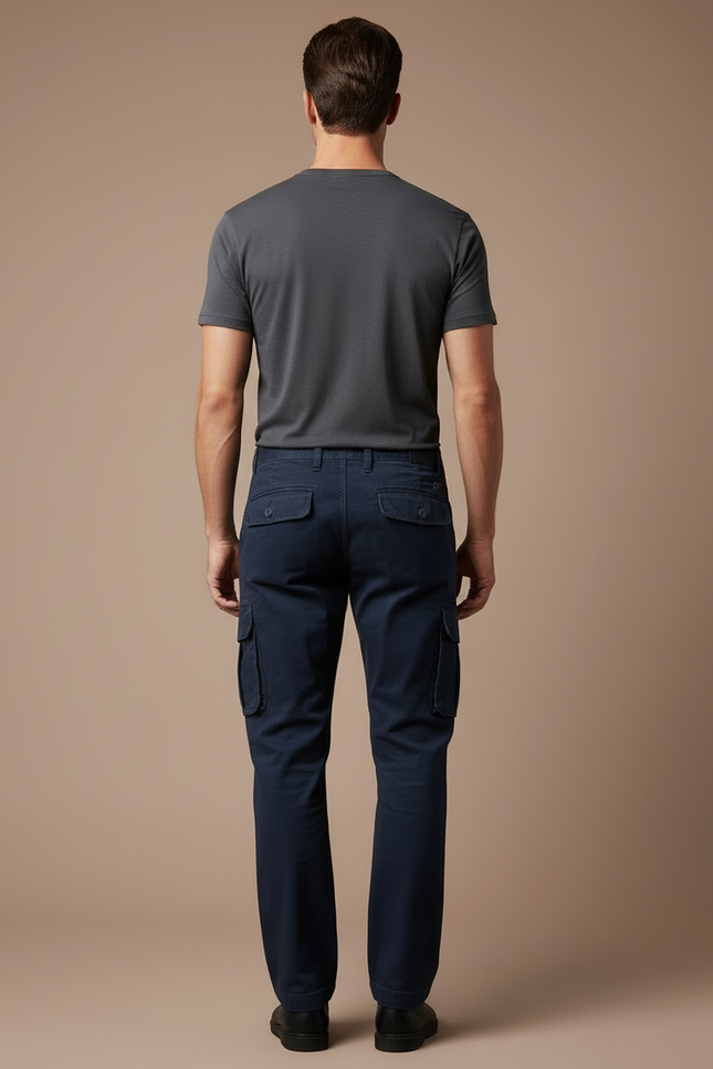 Pantalon Cargo Bleu Marine Multipoches Droit Coton Homme - Toile - vue 2