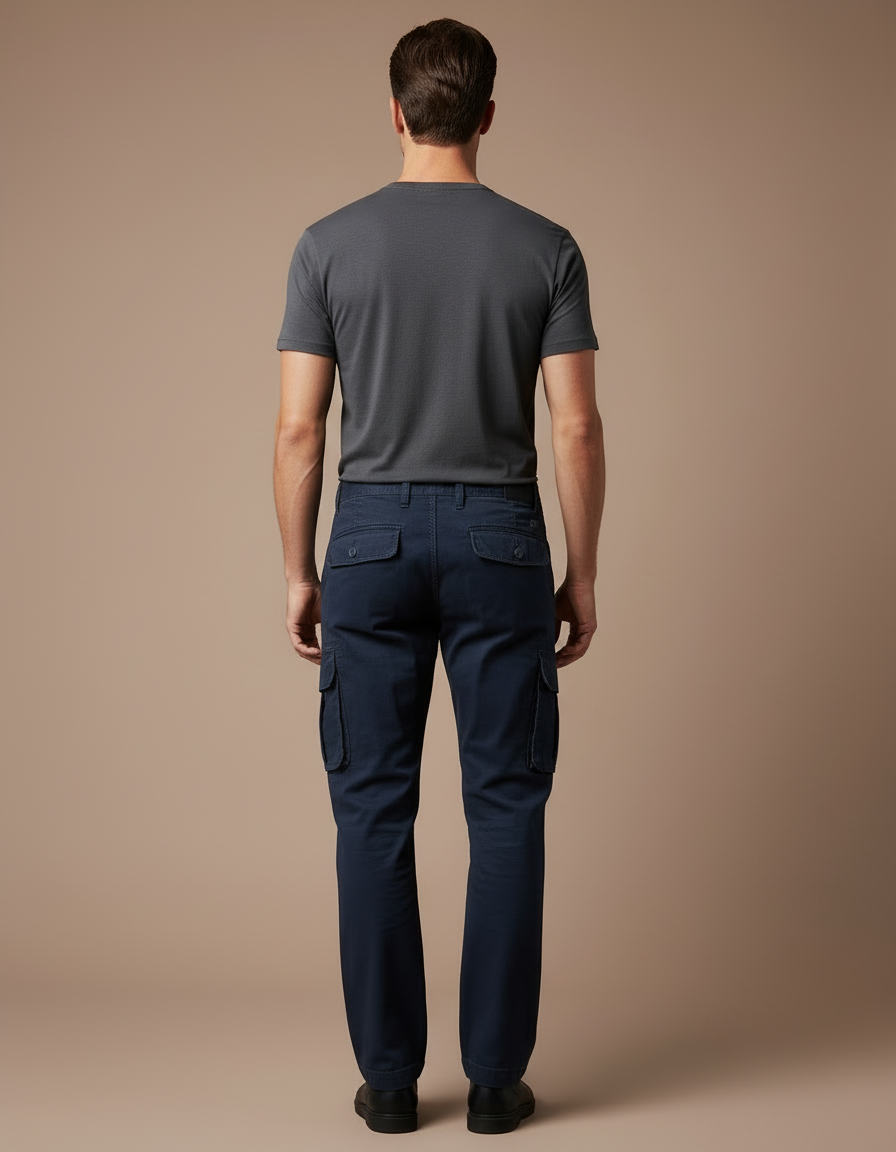 Pantalon Cargo Bleu Marine Multipoches Droit Coton Homme - Toile - vue 2