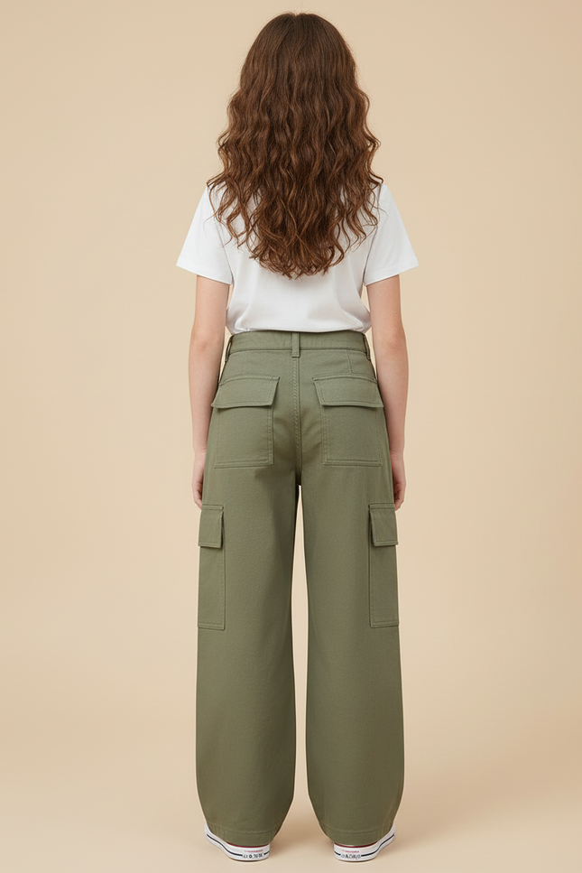 Pantalon Cargo Vert Ample Poches Latérales Fille - Kaki Toile - vue 2