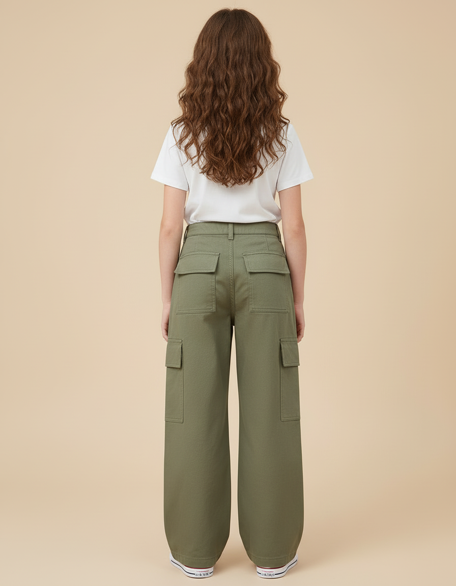 Pantalon Cargo Vert Ample Poches Latérales Fille - Kaki Toile - vue 2