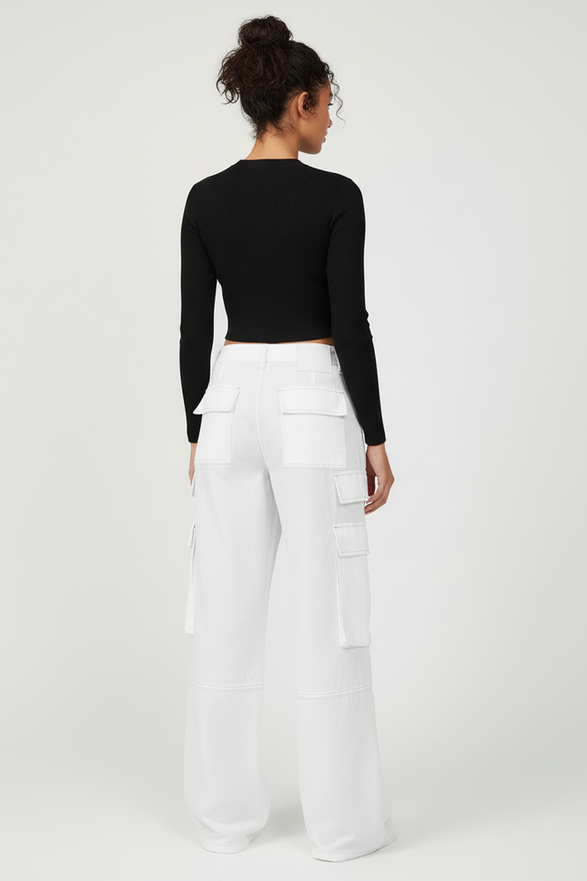 Pantalon Cargo Blanc Ample Taille Haute Poches Larges - Toile - vue 2