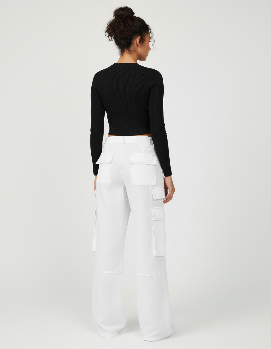 Pantalon Cargo Blanc Ample Taille Haute Poches Larges - Toile - vue 2