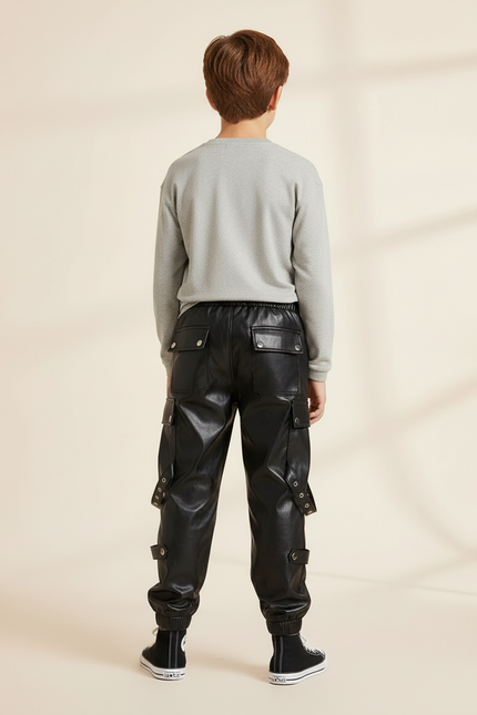 Pantalon Cargo Noir Similicuir Garçon Poches Sangles - Simili cuir - vue 2