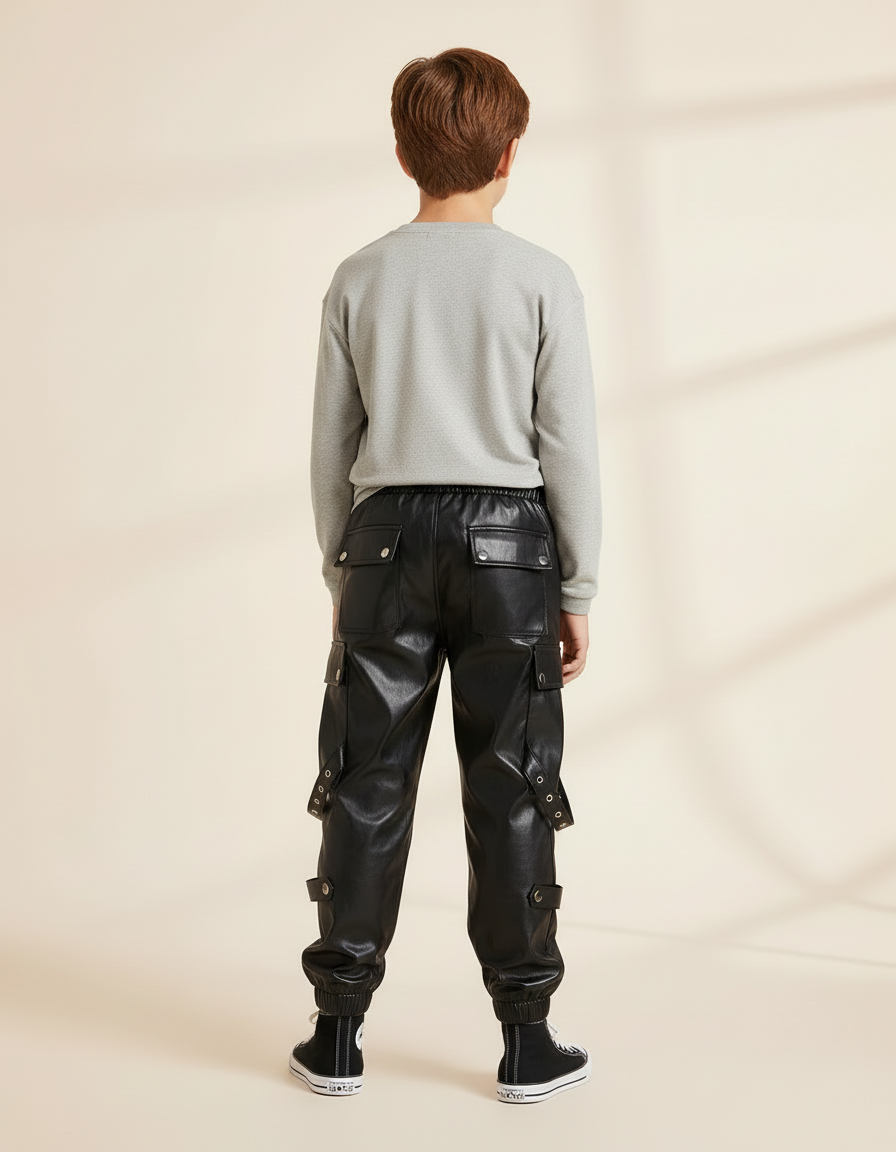 Pantalon Cargo Noir Similicuir Garçon Poches Sangles - Simili cuir - vue 2