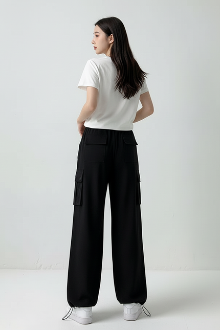 Pantalon Cargo Noir Ample Décontracté Poches Femme - Polyester - vue 2