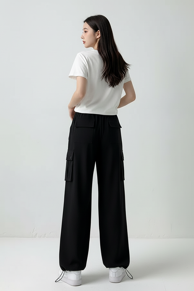 Pantalon Cargo Noir Ample Décontracté Poches Femme - Polyester - vue 2