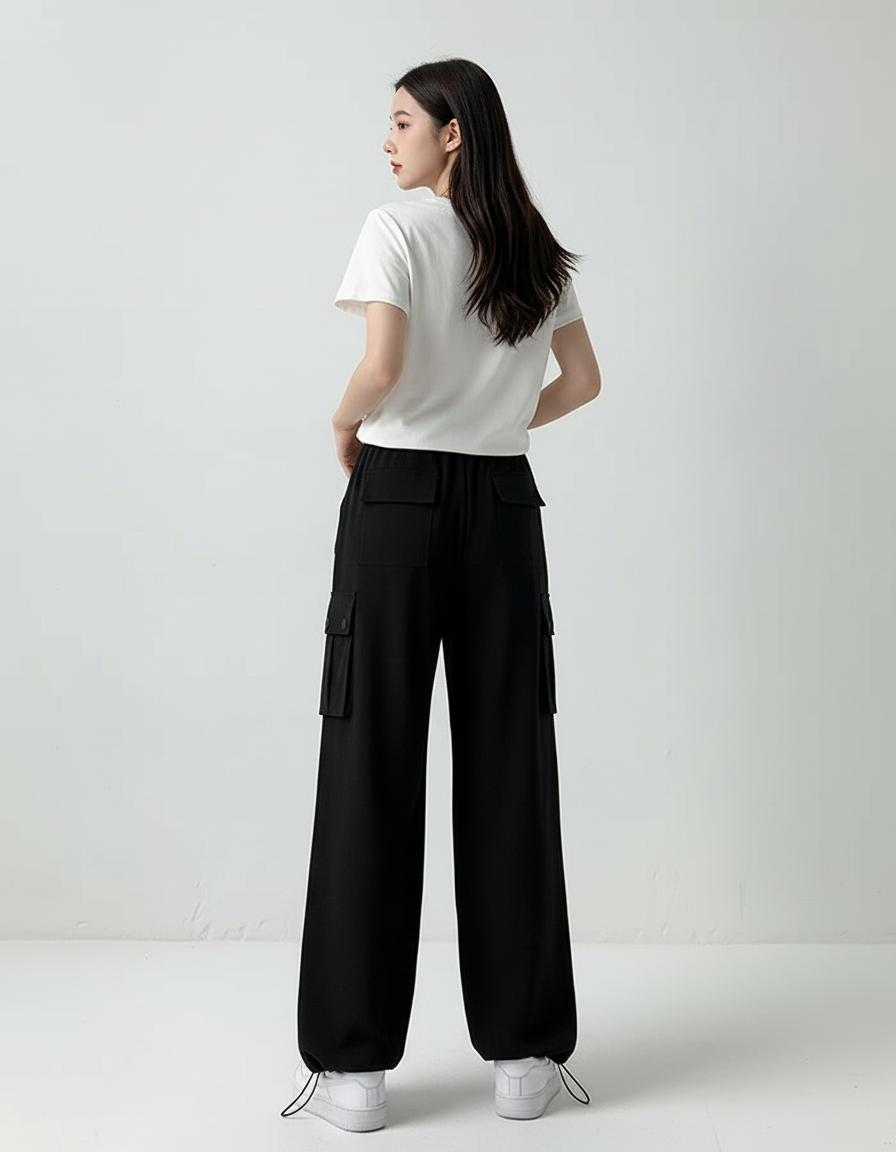 Pantalon Cargo Noir Ample Décontracté Poches Femme - Polyester - vue 2