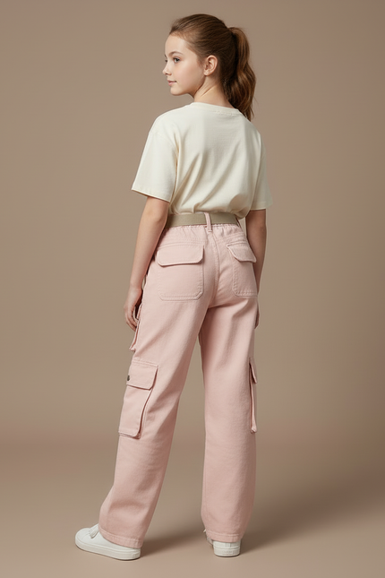 Pantalon Cargo Rose Ample Poches Ceinture Fille - Jean - vue 2