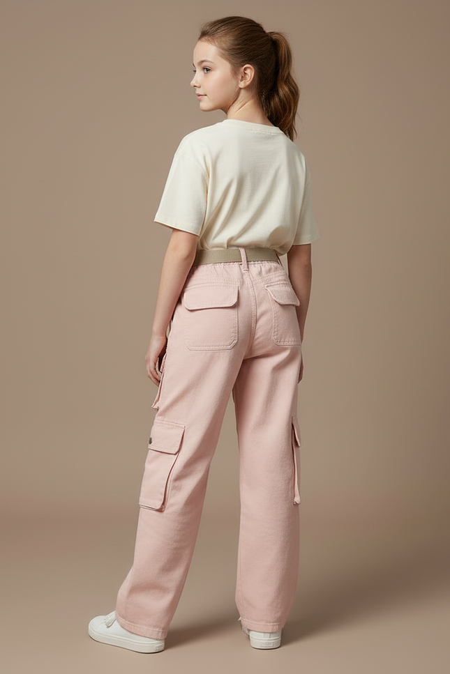 Pantalon Cargo Rose Ample Poches Ceinture Fille - Jean - vue 2