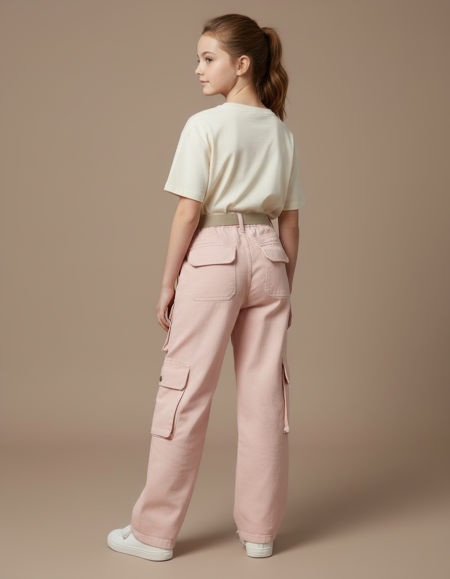 Pantalon Cargo Rose Ample Poches Ceinture Fille - Jean - vue 2