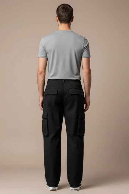 Pantalon Cargo Noir Ample Multipoches Coton Homme - Toile - vue 2