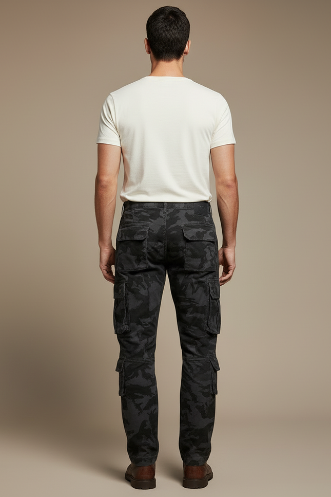 Pantalon Cargo Homme Camouflage Gris Ample Multipoches - Toile - vue 2