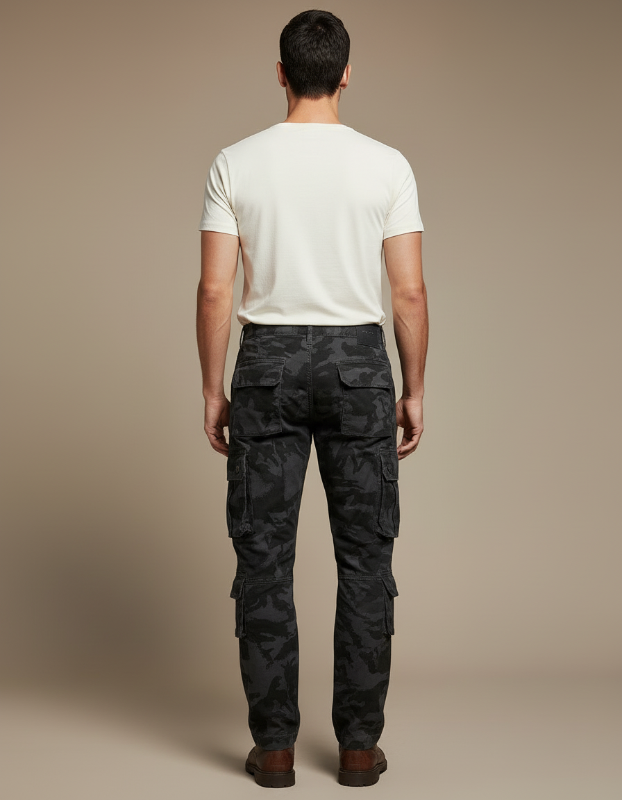 Pantalon Cargo Homme Camouflage Gris Ample Multipoches - Toile - vue 2