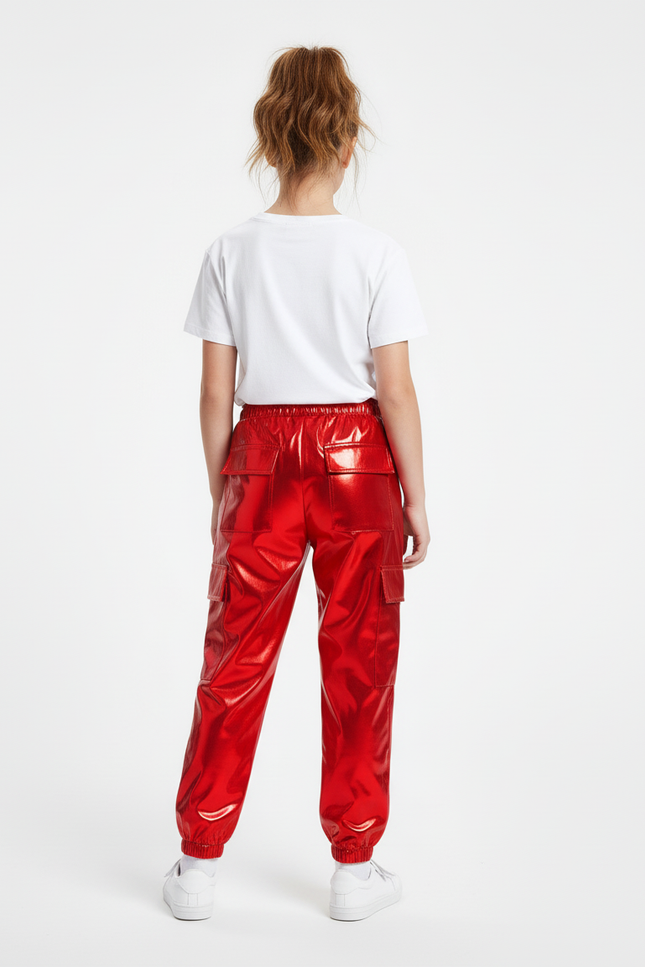 Pantalon Cargo Rouge Métallisé Brillant Fille - Polyester - vue 2