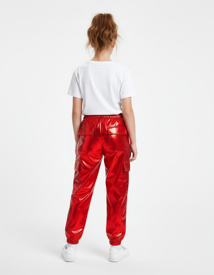 Pantalon Cargo Rouge Métallisé Brillant Fille - Polyester - vue 2