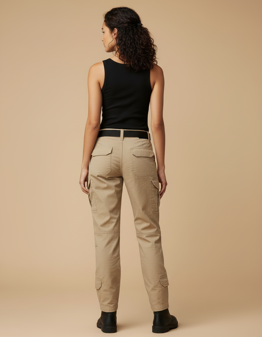 Pantalon Cargo Beige Multipoches Tactique Coton Femme - Toile - vue 2