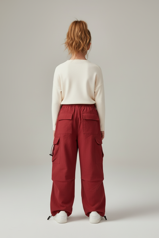 Pantalon Cargo Rouge Ample Multipoches Ajustable Fille - Toile - vue 2