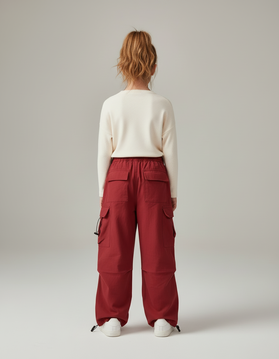 Pantalon Cargo Rouge Ample Multipoches Ajustable Fille - Toile - vue 2