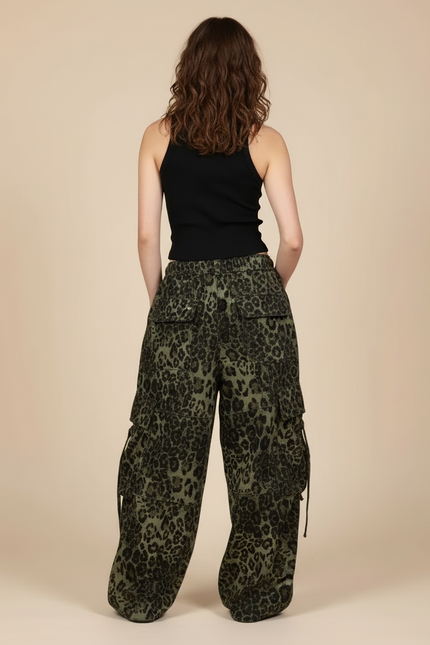 Pantalon Cargo Léopard Ample Vert Imprimé Streetwear - Toile - vue 2
