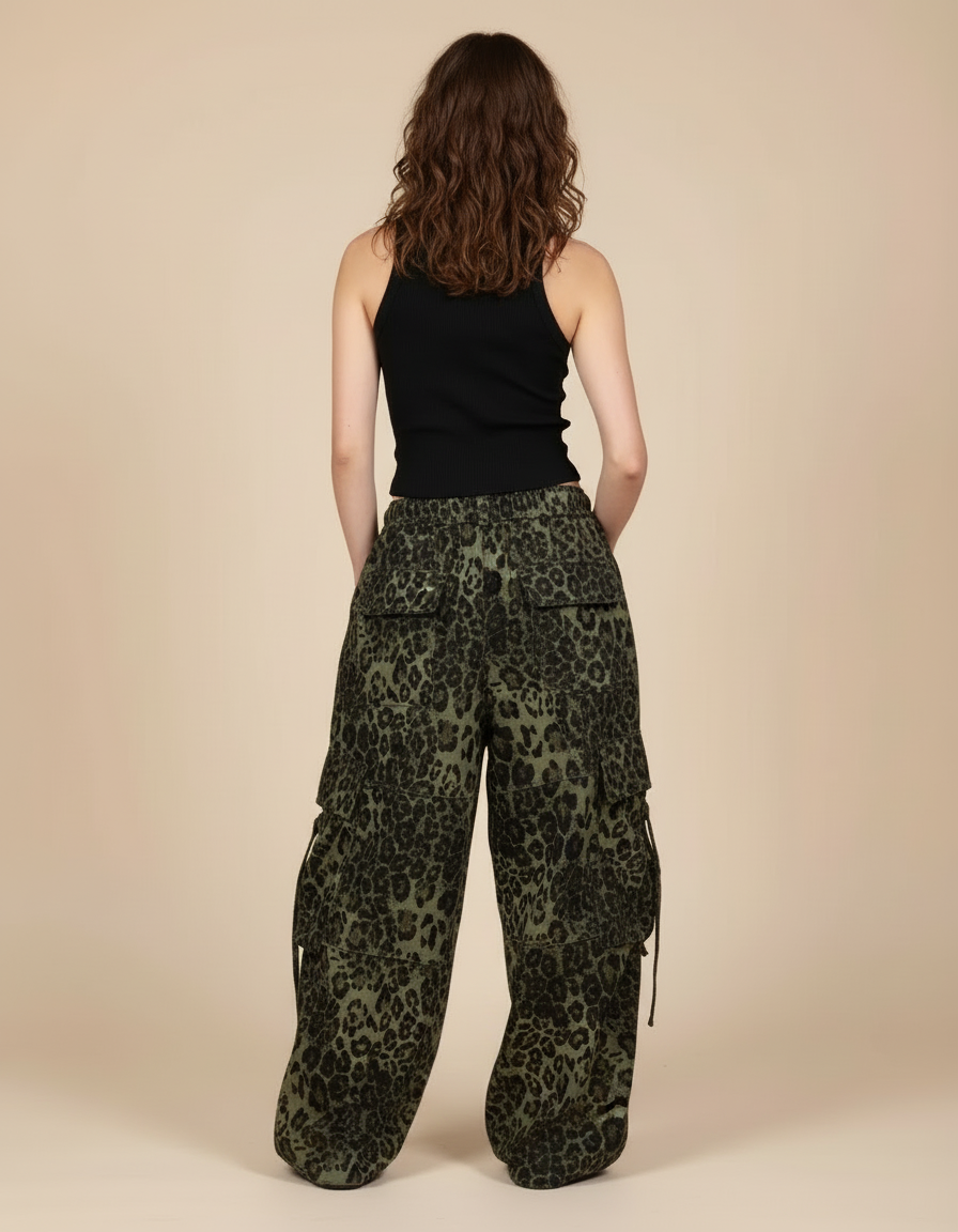 Pantalon Cargo Léopard Ample Vert Imprimé Streetwear - Toile - vue 2