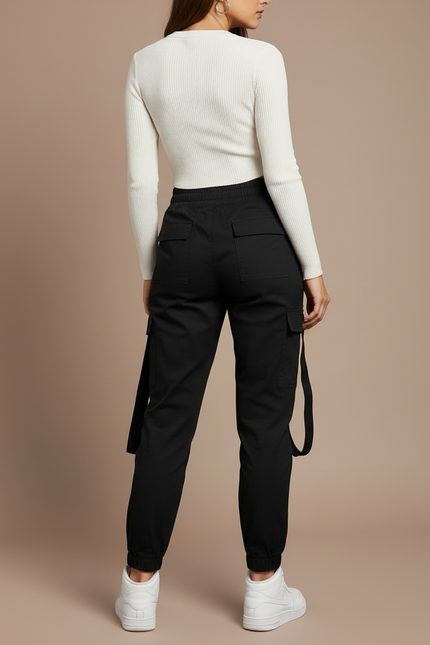 Pantalon Cargo Noir Coton Ample Bretelles Femme - vue 2
