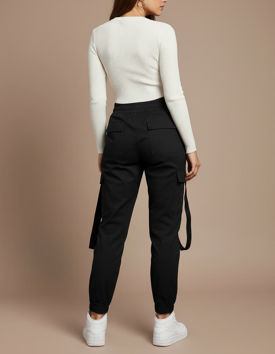 Pantalon Cargo Noir Coton Ample Bretelles Femme - vue 2