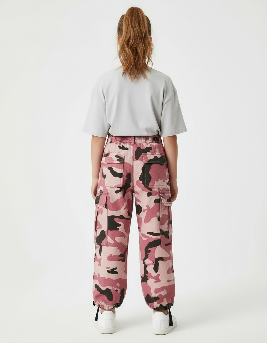 Pantalon Cargo Rose Camouflage Ample Fille - Toile - vue 2