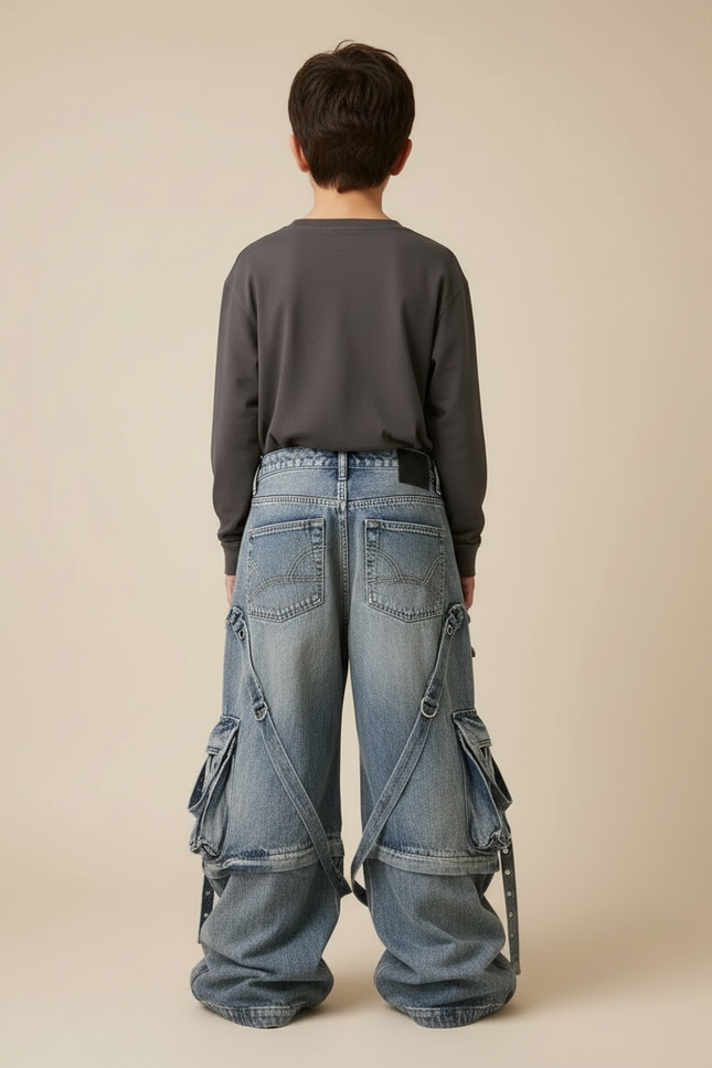 Pantalon Cargo Ample Denim Poches Zippées Enfant - Bleu Jean - vue 2