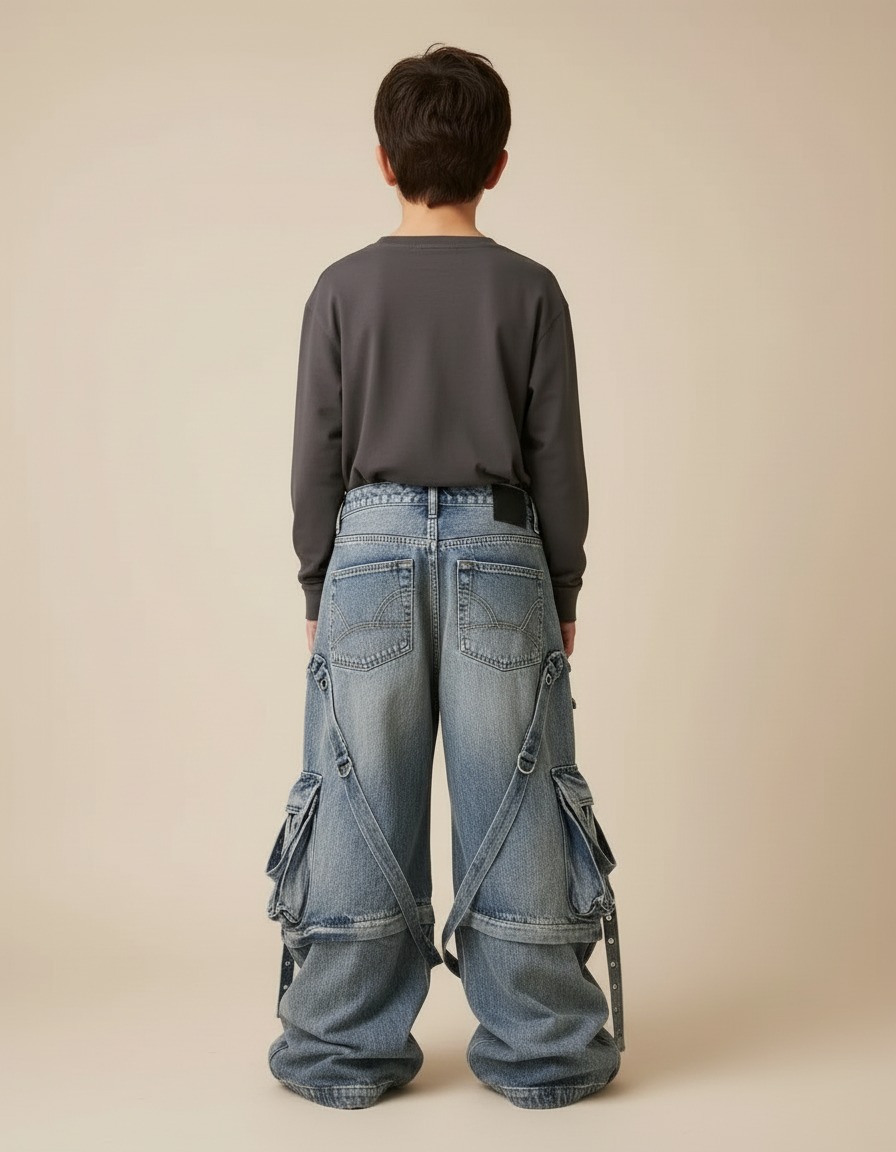 Pantalon Cargo Ample Denim Poches Zippées Enfant - Bleu Jean - vue 2