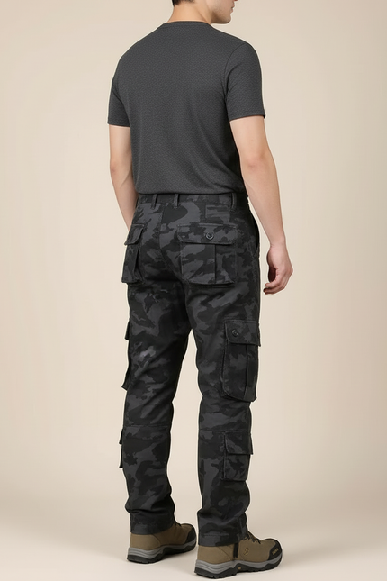 Pantalon Cargo Camouflage Noir Multipoches Coton Homme - vue 2