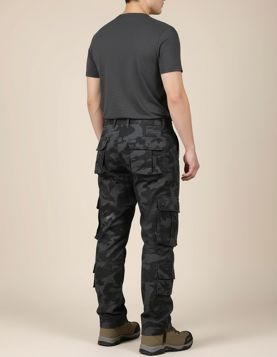 Pantalon Cargo Camouflage Noir Multipoches Coton Homme - vue 2