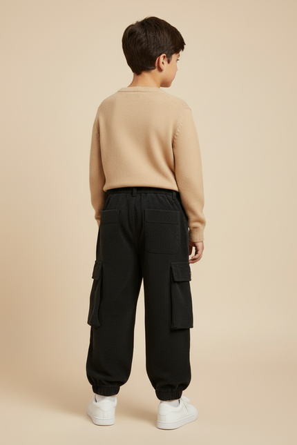 Pantalon Cargo Noir Côtelé Ample Enfant Hiver - Cordé - vue 2