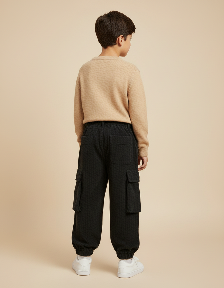 Pantalon Cargo Noir Côtelé Ample Enfant Hiver - Cordé - vue 2