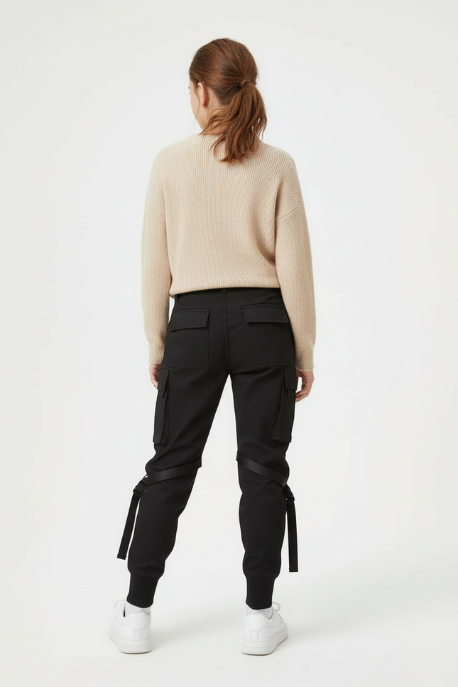 Pantalon Cargo Noir Décontracté Sangles Fille Urbain - Toile - vue 2