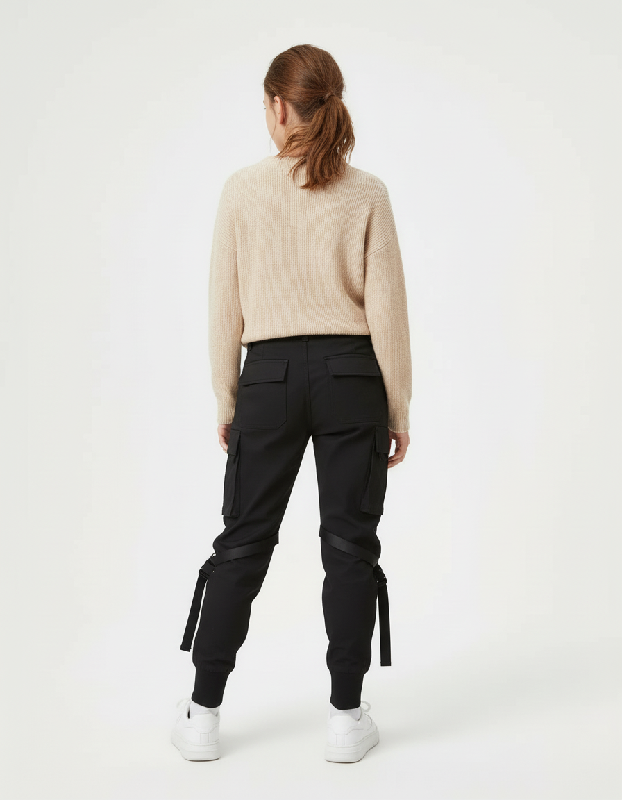 Pantalon Cargo Noir Décontracté Sangles Fille Urbain - Toile - vue 2