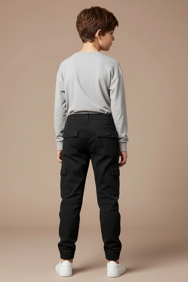 Pantalon Cargo Noir Coton Multipoches Garçon Décontracté - vue 2