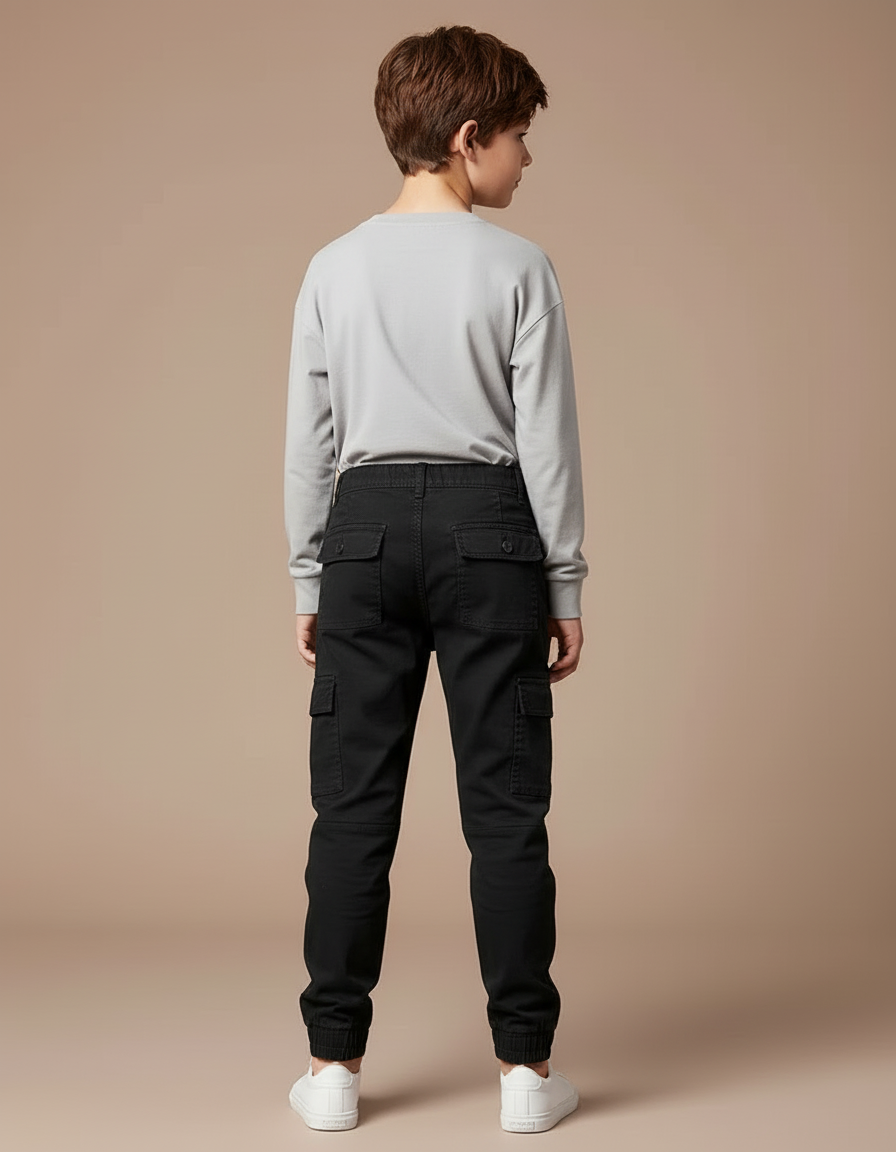 Pantalon Cargo Noir Coton Multipoches Garçon Décontracté - vue 2
