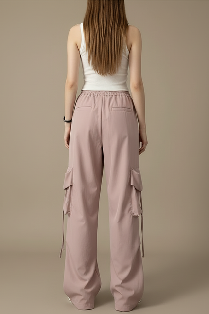 Pantalon Cargo Rose Ample Taille Haute Poches - Polyester - vue 2