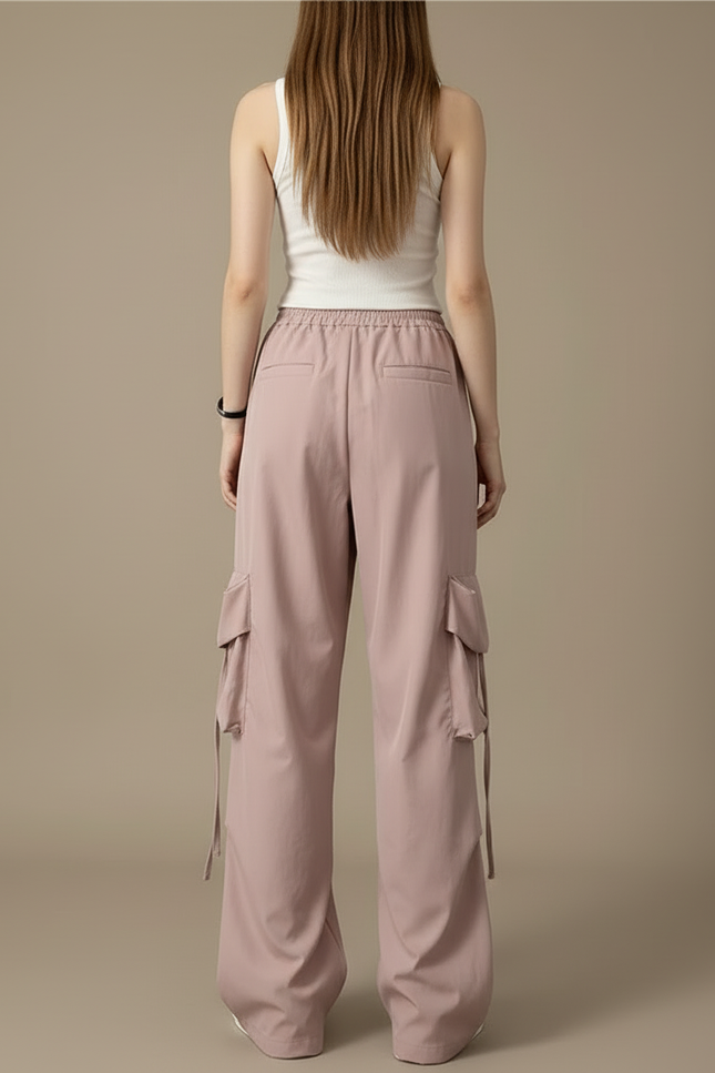 Pantalon Cargo Rose Ample Taille Haute Poches - Polyester - vue 2
