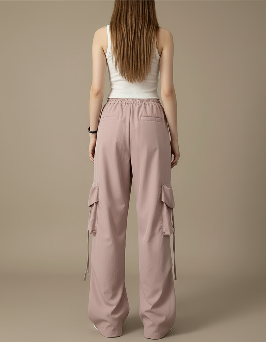 Pantalon Cargo Rose Ample Taille Haute Poches - Polyester - vue 2