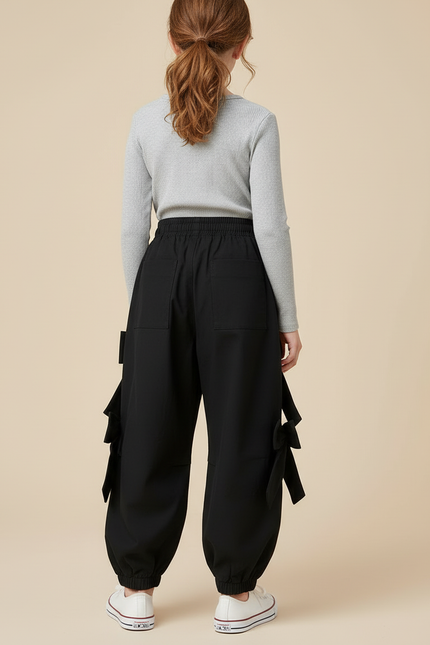 Pantalon Cargo Noir Ample Nœuds Fille - Toile - vue 2