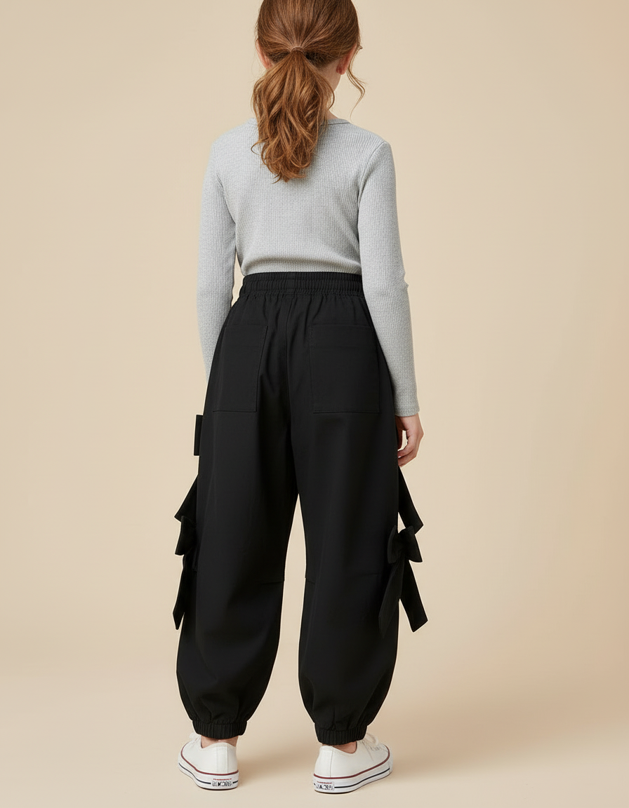 Pantalon Cargo Noir Ample Nœuds Fille - Toile - vue 2